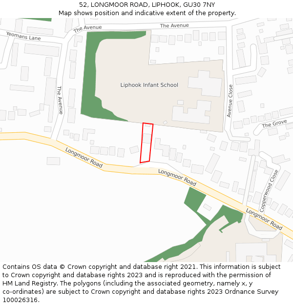 52, LONGMOOR ROAD, LIPHOOK, GU30 7NY: Location map and indicative extent of plot