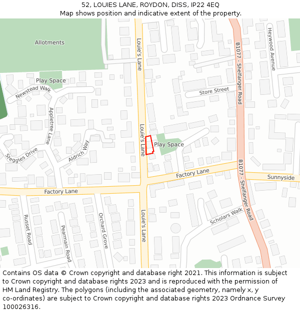 52, LOUIES LANE, ROYDON, DISS, IP22 4EQ: Location map and indicative extent of plot