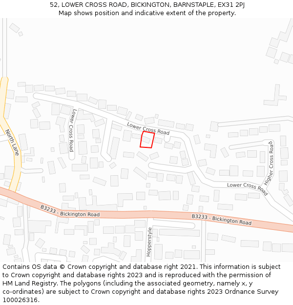 52, LOWER CROSS ROAD, BICKINGTON, BARNSTAPLE, EX31 2PJ: Location map and indicative extent of plot