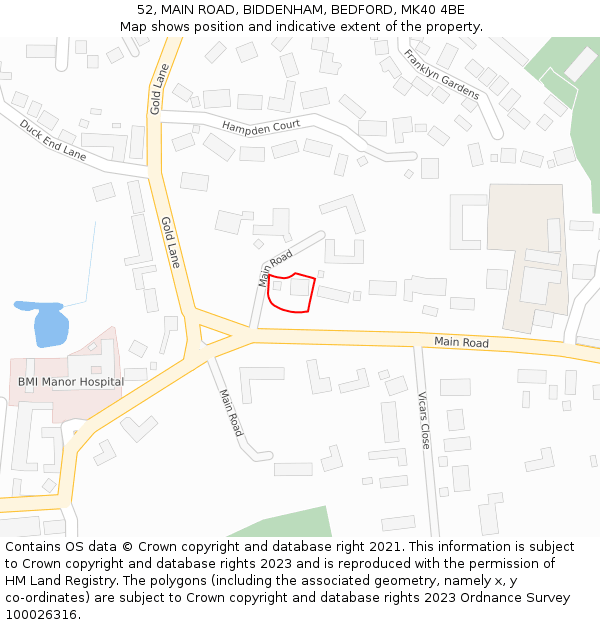 52, MAIN ROAD, BIDDENHAM, BEDFORD, MK40 4BE: Location map and indicative extent of plot