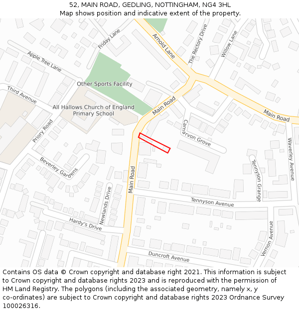 52, MAIN ROAD, GEDLING, NOTTINGHAM, NG4 3HL: Location map and indicative extent of plot