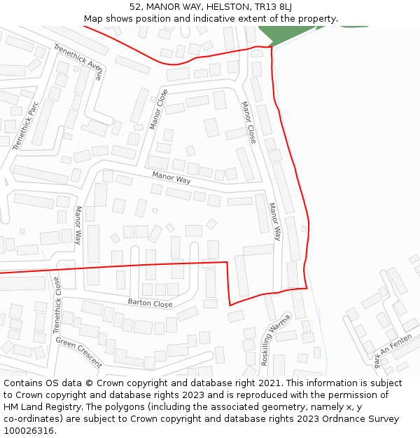 52, MANOR WAY, HELSTON, TR13 8LJ: Location map and indicative extent of plot