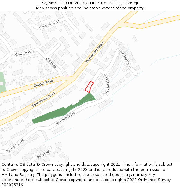 52, MAYFIELD DRIVE, ROCHE, ST AUSTELL, PL26 8JP: Location map and indicative extent of plot