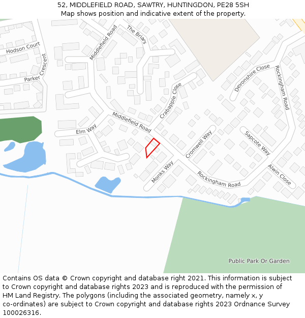 52, MIDDLEFIELD ROAD, SAWTRY, HUNTINGDON, PE28 5SH: Location map and indicative extent of plot