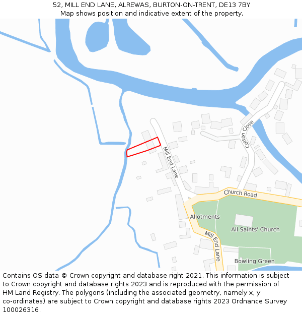 52, MILL END LANE, ALREWAS, BURTON-ON-TRENT, DE13 7BY: Location map and indicative extent of plot