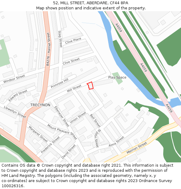 52, MILL STREET, ABERDARE, CF44 8PA: Location map and indicative extent of plot