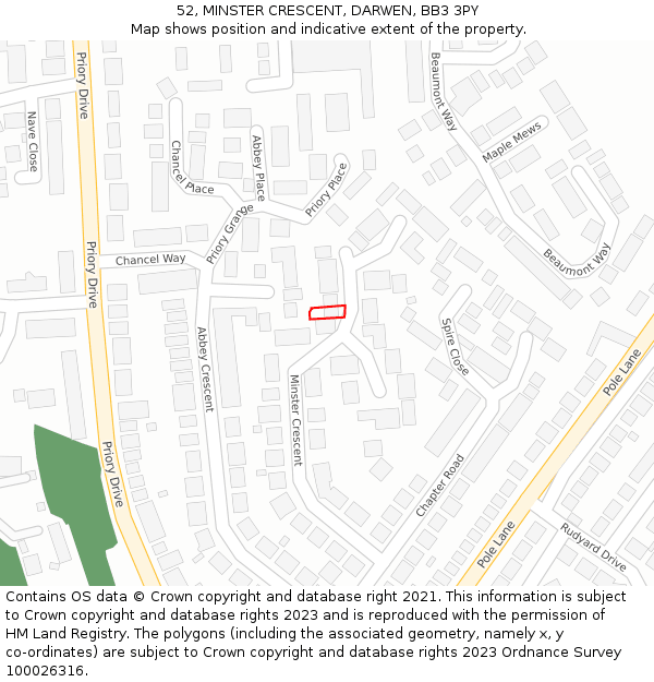 52, MINSTER CRESCENT, DARWEN, BB3 3PY: Location map and indicative extent of plot