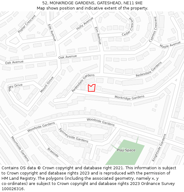 52, MONKRIDGE GARDENS, GATESHEAD, NE11 9XE: Location map and indicative extent of plot