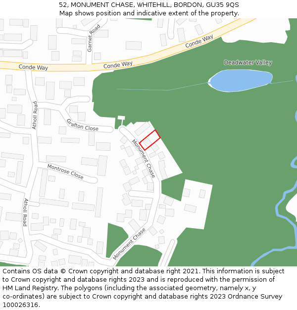 52, MONUMENT CHASE, WHITEHILL, BORDON, GU35 9QS: Location map and indicative extent of plot