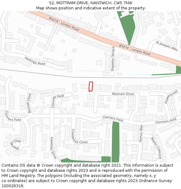 52, MOTTRAM DRIVE, NANTWICH, CW5 7NW: Location map and indicative extent of plot