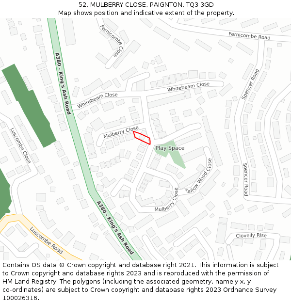 52, MULBERRY CLOSE, PAIGNTON, TQ3 3GD: Location map and indicative extent of plot