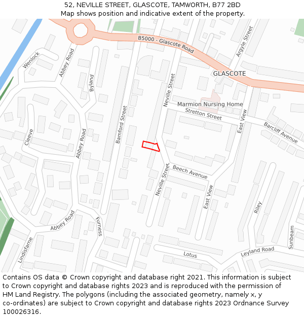 52, NEVILLE STREET, GLASCOTE, TAMWORTH, B77 2BD: Location map and indicative extent of plot