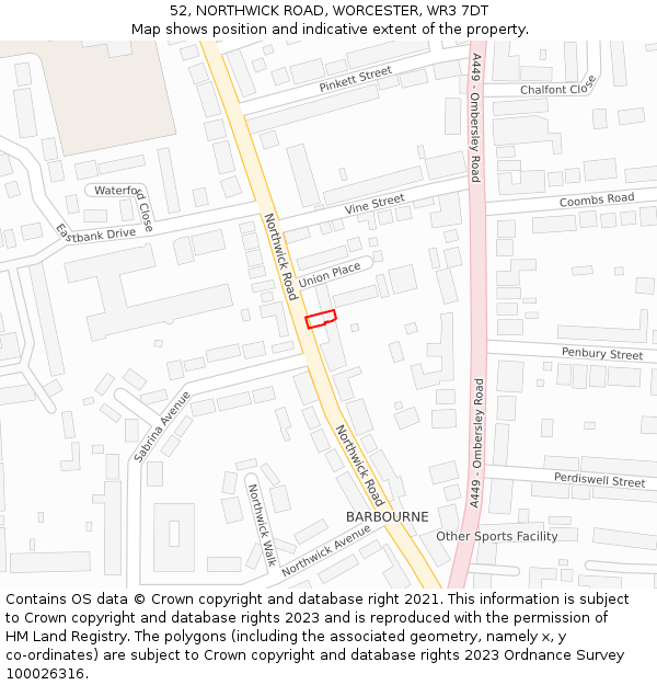 52, NORTHWICK ROAD, WORCESTER, WR3 7DT: Location map and indicative extent of plot