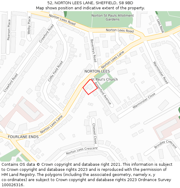 52, NORTON LEES LANE, SHEFFIELD, S8 9BD: Location map and indicative extent of plot