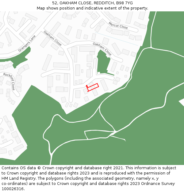 52, OAKHAM CLOSE, REDDITCH, B98 7YG: Location map and indicative extent of plot