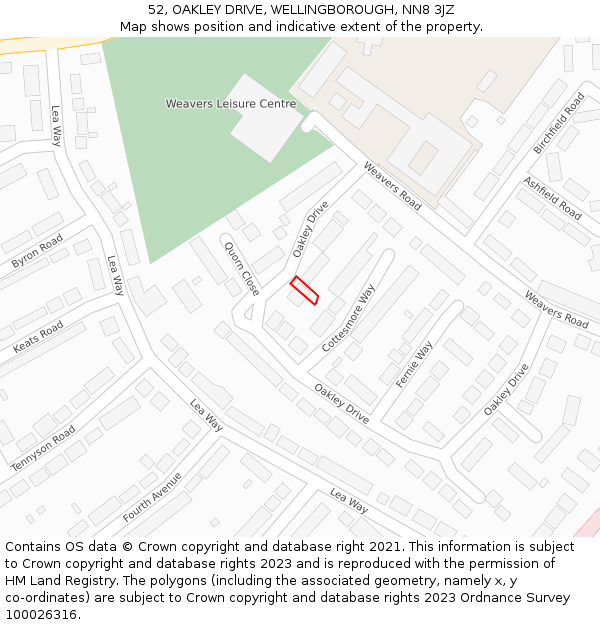 52, OAKLEY DRIVE, WELLINGBOROUGH, NN8 3JZ: Location map and indicative extent of plot