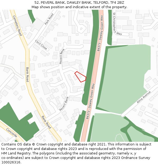 52, PEVERIL BANK, DAWLEY BANK, TELFORD, TF4 2BZ: Location map and indicative extent of plot