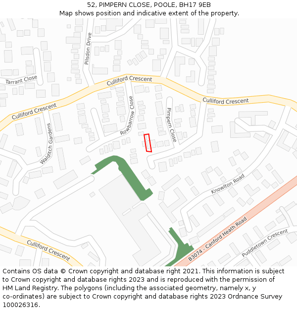 52, PIMPERN CLOSE, POOLE, BH17 9EB: Location map and indicative extent of plot