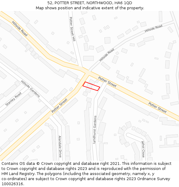 52, POTTER STREET, NORTHWOOD, HA6 1QD: Location map and indicative extent of plot
