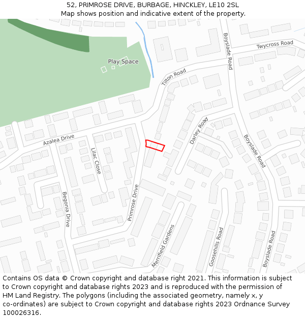 52, PRIMROSE DRIVE, BURBAGE, HINCKLEY, LE10 2SL: Location map and indicative extent of plot