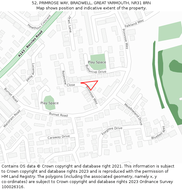 52, PRIMROSE WAY, BRADWELL, GREAT YARMOUTH, NR31 8RN: Location map and indicative extent of plot