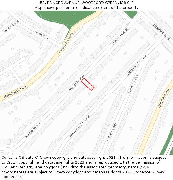 52, PRINCES AVENUE, WOODFORD GREEN, IG8 0LP: Location map and indicative extent of plot