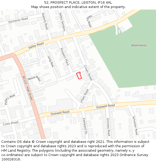 52, PROSPECT PLACE, LEISTON, IP16 4AL: Location map and indicative extent of plot