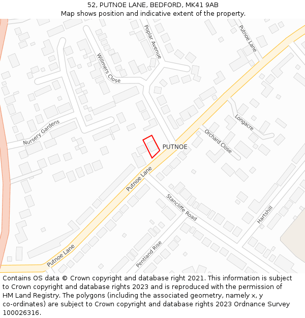 52, PUTNOE LANE, BEDFORD, MK41 9AB: Location map and indicative extent of plot