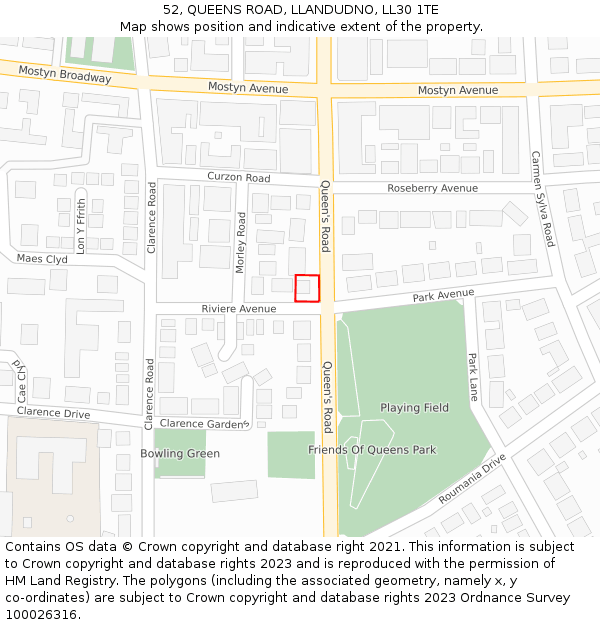 52, QUEENS ROAD, LLANDUDNO, LL30 1TE: Location map and indicative extent of plot