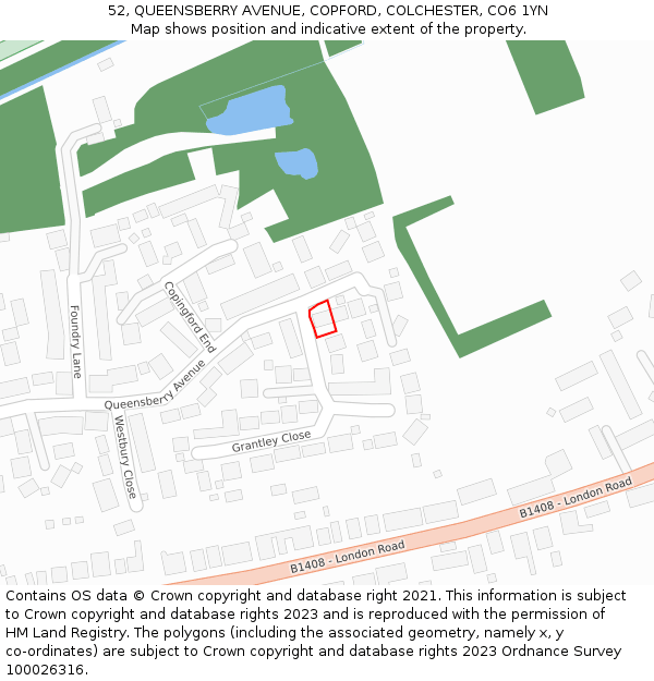 52, QUEENSBERRY AVENUE, COPFORD, COLCHESTER, CO6 1YN: Location map and indicative extent of plot