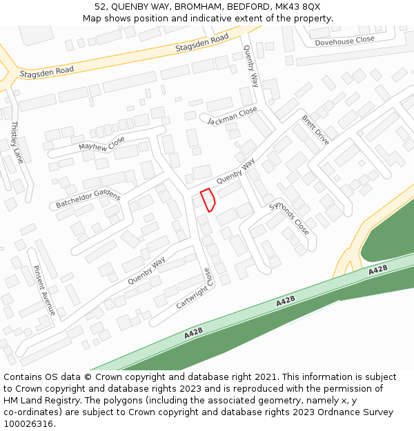 52, QUENBY WAY, BROMHAM, BEDFORD, MK43 8QX: Location map and indicative extent of plot