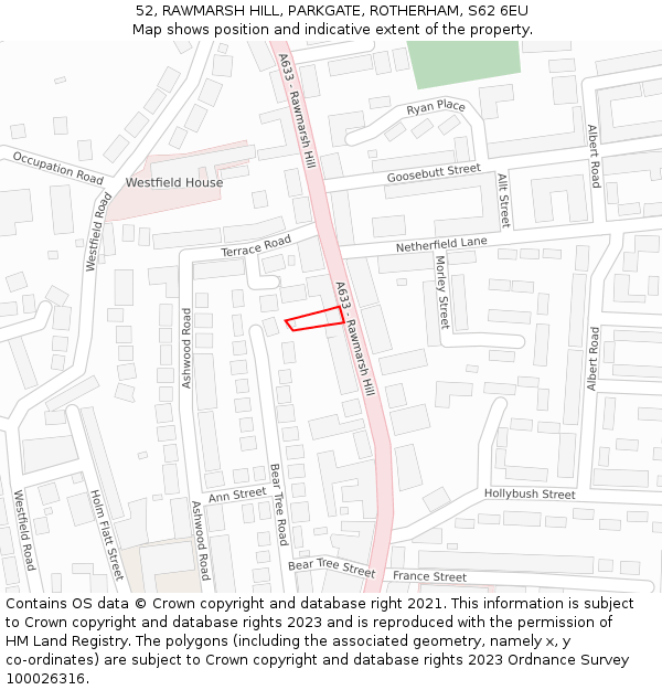 52, RAWMARSH HILL, PARKGATE, ROTHERHAM, S62 6EU: Location map and indicative extent of plot