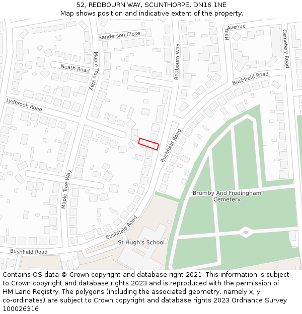 52, REDBOURN WAY, SCUNTHORPE, DN16 1NE: Location map and indicative extent of plot
