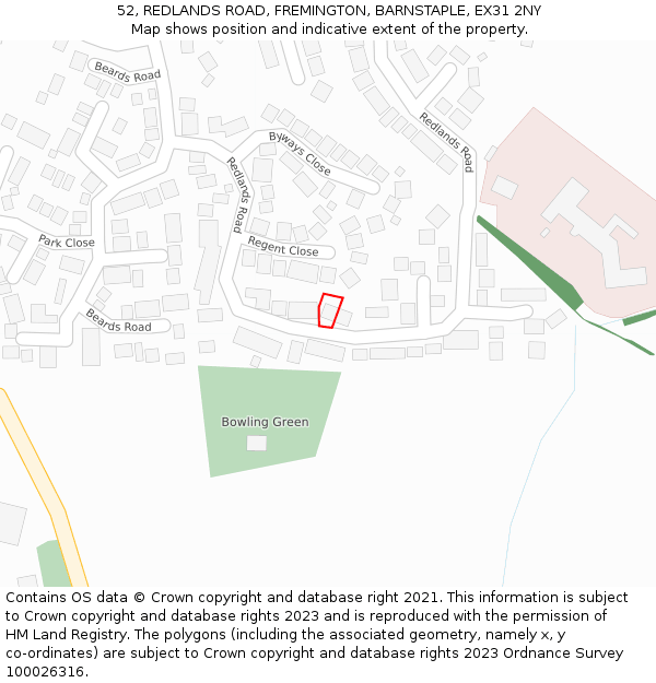 52, REDLANDS ROAD, FREMINGTON, BARNSTAPLE, EX31 2NY: Location map and indicative extent of plot