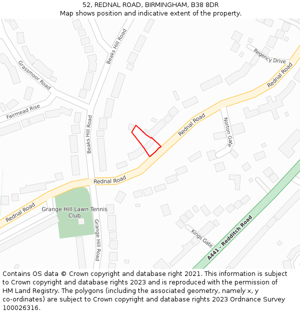 52, REDNAL ROAD, BIRMINGHAM, B38 8DR: Location map and indicative extent of plot