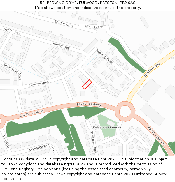 52, REDWING DRIVE, FULWOOD, PRESTON, PR2 9AS: Location map and indicative extent of plot