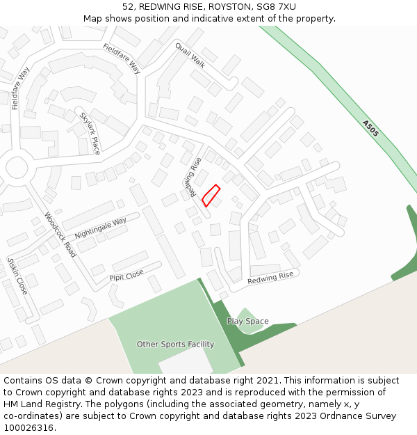 52, REDWING RISE, ROYSTON, SG8 7XU: Location map and indicative extent of plot