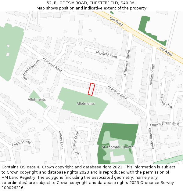 52, RHODESIA ROAD, CHESTERFIELD, S40 3AL: Location map and indicative extent of plot