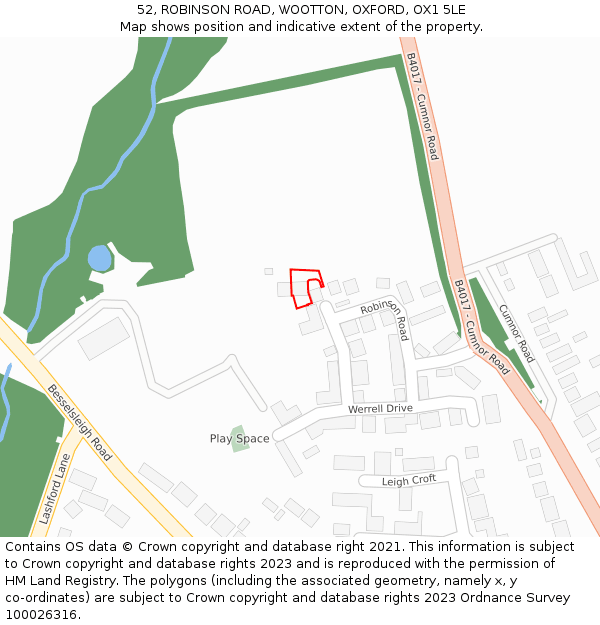 52, ROBINSON ROAD, WOOTTON, OXFORD, OX1 5LE: Location map and indicative extent of plot