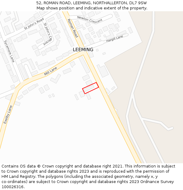 52, ROMAN ROAD, LEEMING, NORTHALLERTON, DL7 9SW: Location map and indicative extent of plot