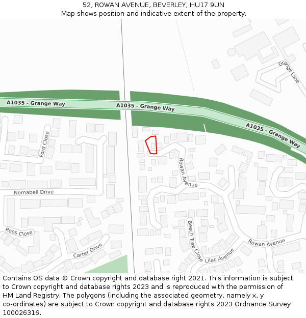 52, ROWAN AVENUE, BEVERLEY, HU17 9UN: Location map and indicative extent of plot