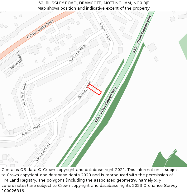 52, RUSSLEY ROAD, BRAMCOTE, NOTTINGHAM, NG9 3JE: Location map and indicative extent of plot