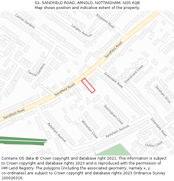 52, SANDFIELD ROAD, ARNOLD, NOTTINGHAM, NG5 6QB: Location map and indicative extent of plot