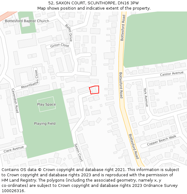 52, SAXON COURT, SCUNTHORPE, DN16 3PW: Location map and indicative extent of plot
