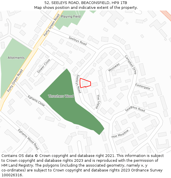 52, SEELEYS ROAD, BEACONSFIELD, HP9 1TB: Location map and indicative extent of plot