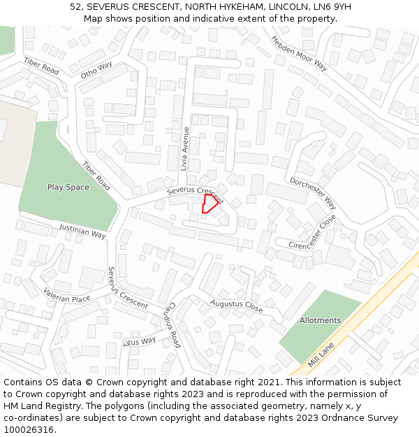 52, SEVERUS CRESCENT, NORTH HYKEHAM, LINCOLN, LN6 9YH: Location map and indicative extent of plot