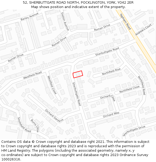 52, SHERBUTTGATE ROAD NORTH, POCKLINGTON, YORK, YO42 2ER: Location map and indicative extent of plot