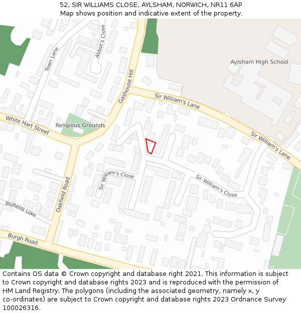 52, SIR WILLIAMS CLOSE, AYLSHAM, NORWICH, NR11 6AP: Location map and indicative extent of plot