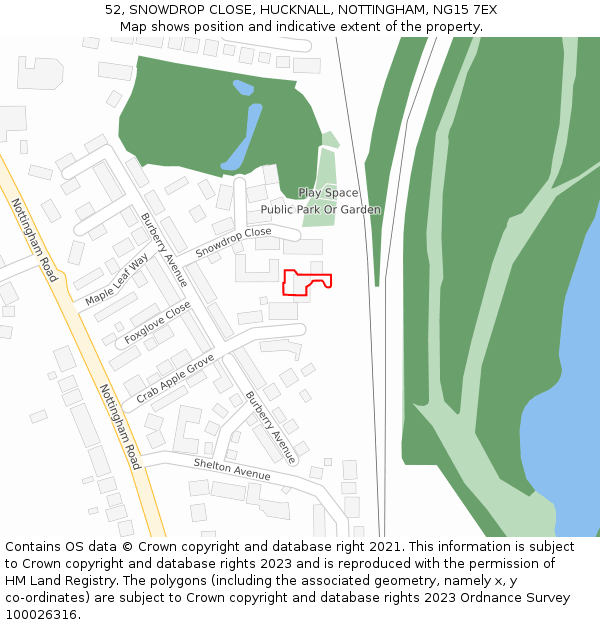 52, SNOWDROP CLOSE, HUCKNALL, NOTTINGHAM, NG15 7EX: Location map and indicative extent of plot