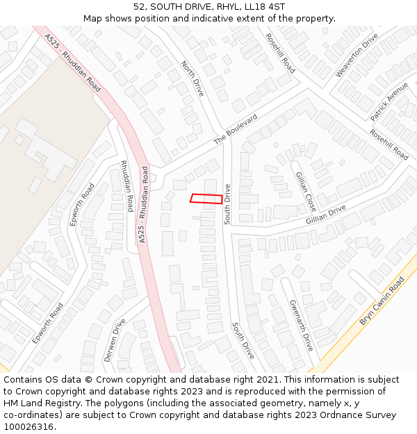 52, SOUTH DRIVE, RHYL, LL18 4ST: Location map and indicative extent of plot